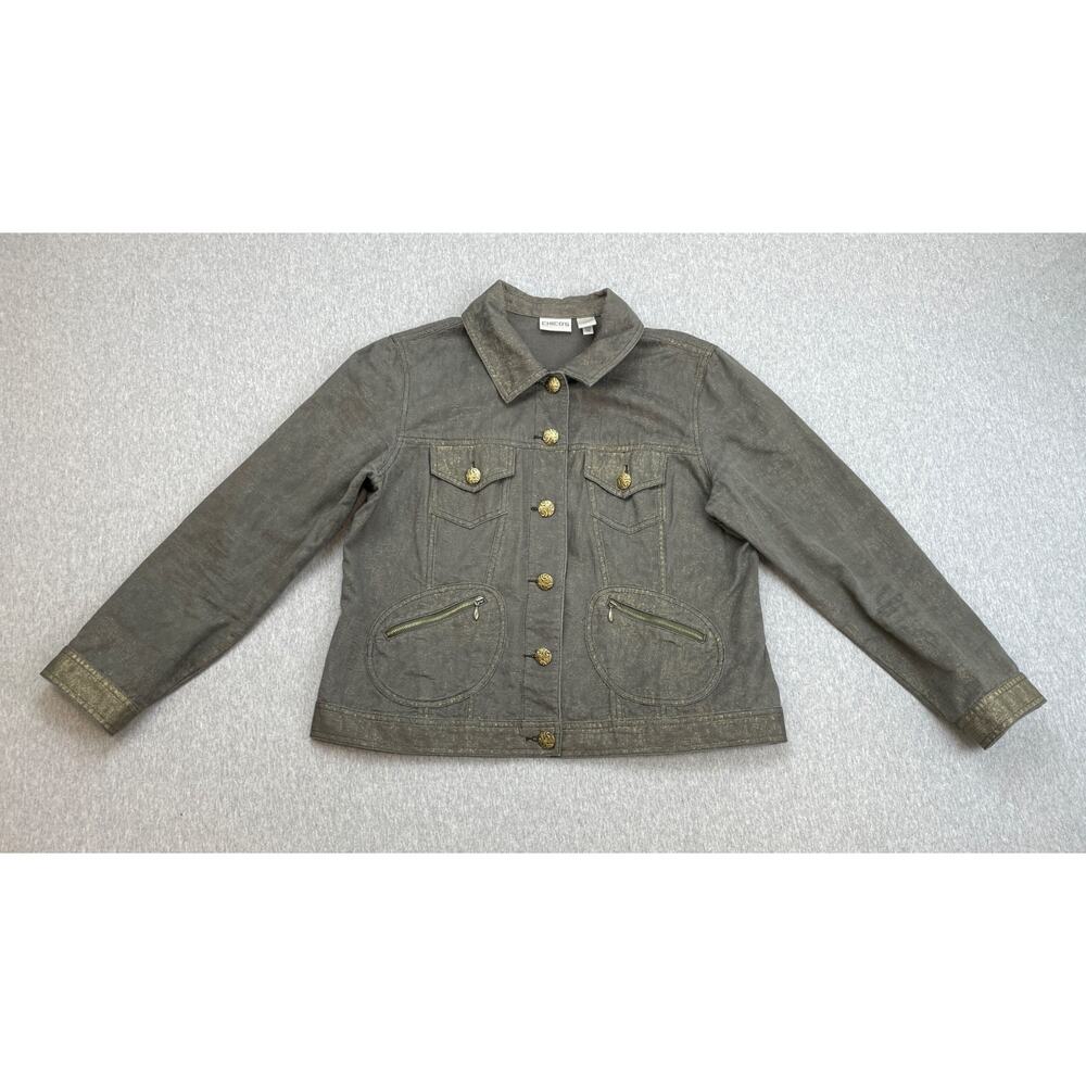 Chicos Jacket Women Size‎ 2 Gray 100% Cotton Long Sleeve Button Front Pockets